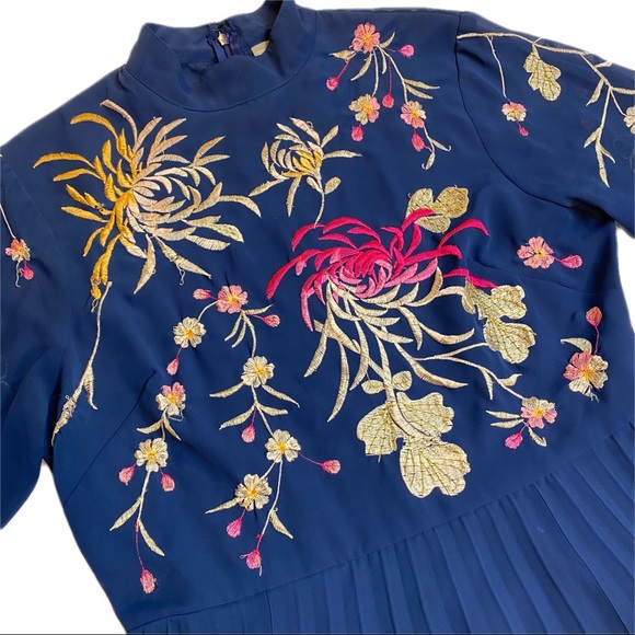 ASOS High Neck Embroidered Pleated Dress - Picture 2 of 3